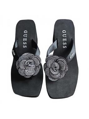 Guess Platform Wedge Sandals Black Rhinestone Flower Flip Flop Heels